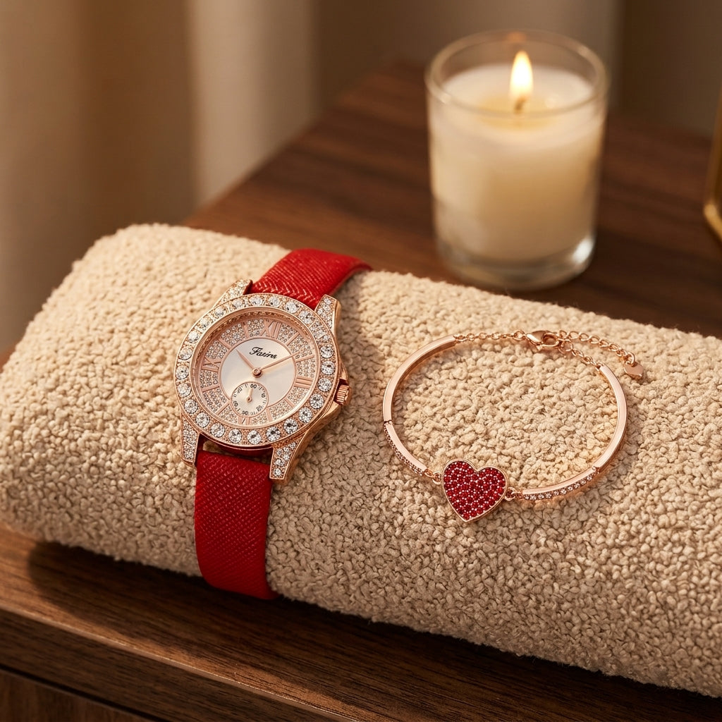 Coffret Montre Femme et Bracelet Saint-Valentin – montre cadran blanc lunette strass cuir rouge + bracelet cœur