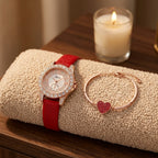 Coffret Montre Femme et Bracelet Saint-Valentin – montre cadran blanc lunette strass cuir rouge + bracelet cœur