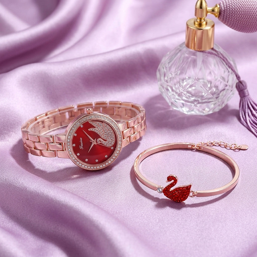 Coffret Montre Femme et Bracelet Saint-Valentin – montre cadran rouge bracelet maillons or rose + bracelet cœur
