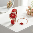 Coffret Montre Femme et Bracelet Saint-Valentin – montre cadran rouge strass bracelet cuir rouge + bracelet cœur