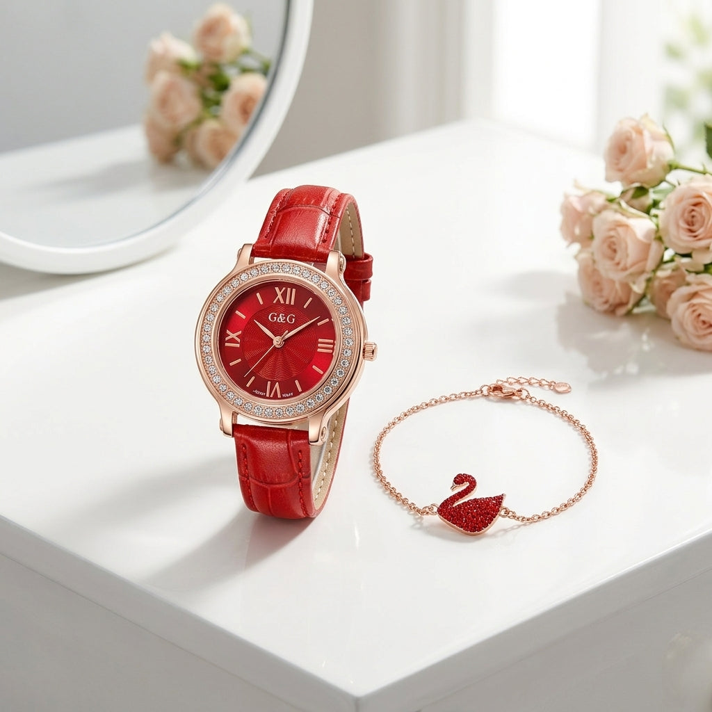 Coffret Montre Femme et Bracelet Saint-Valentin – montre cadran rouge strass bracelet cuir rouge + bracelet cœur