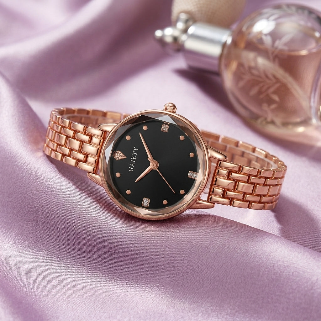 Montre Femme Cadran Dégradé Facetté Or Rose – cadran noir