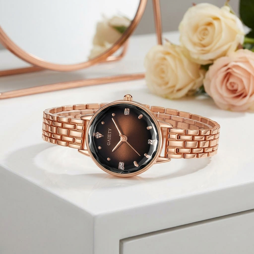 Montre Femme Cadran Dégradé Facetté Or Rose – cadran dégradé brun chocolat