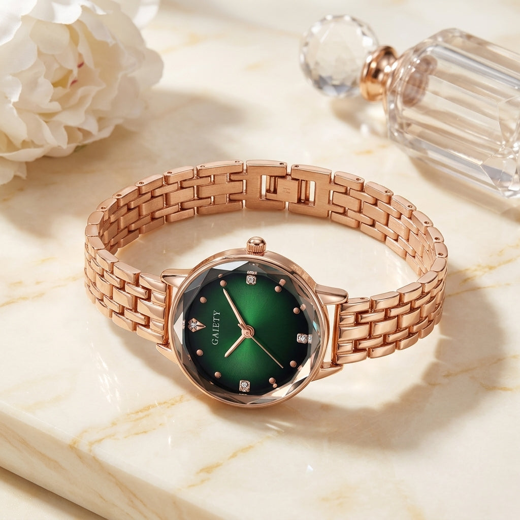Montre Femme Cadran Dégradé Facetté Or Rose – cadran dégradé vert émeraude