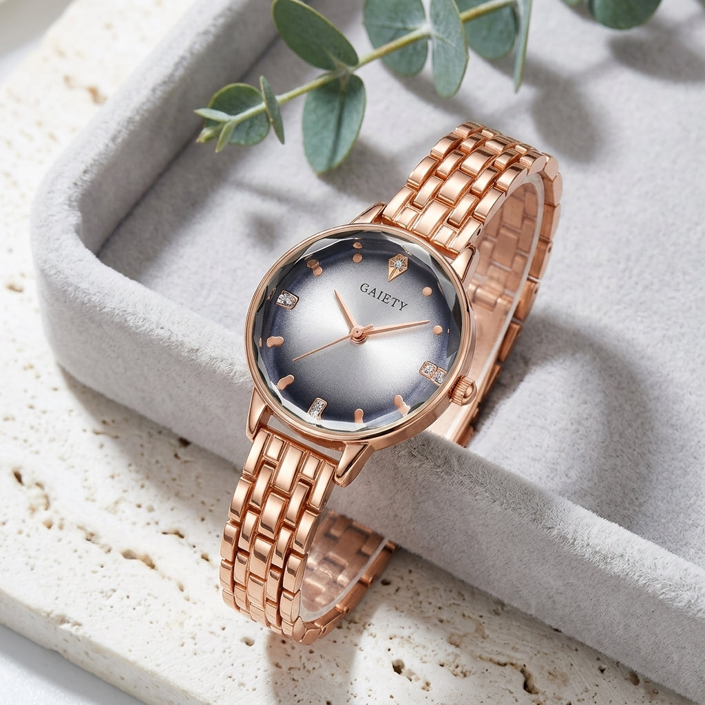 Montre Femme Cadran Dégradé Facetté Or Rose – cadran dégradé blanc-gris argenté