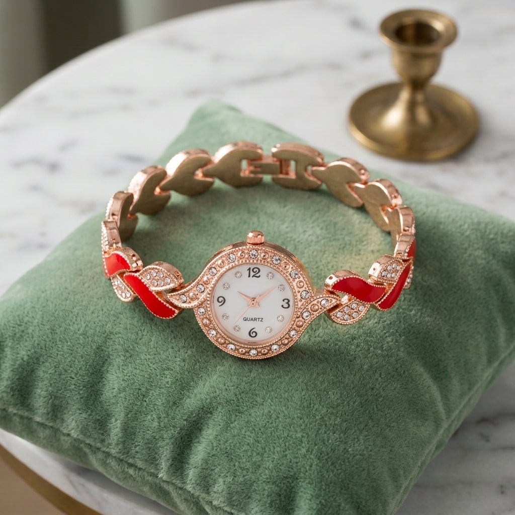 Montre Bracelet Femme Feuilles Émaillées – émail rouge