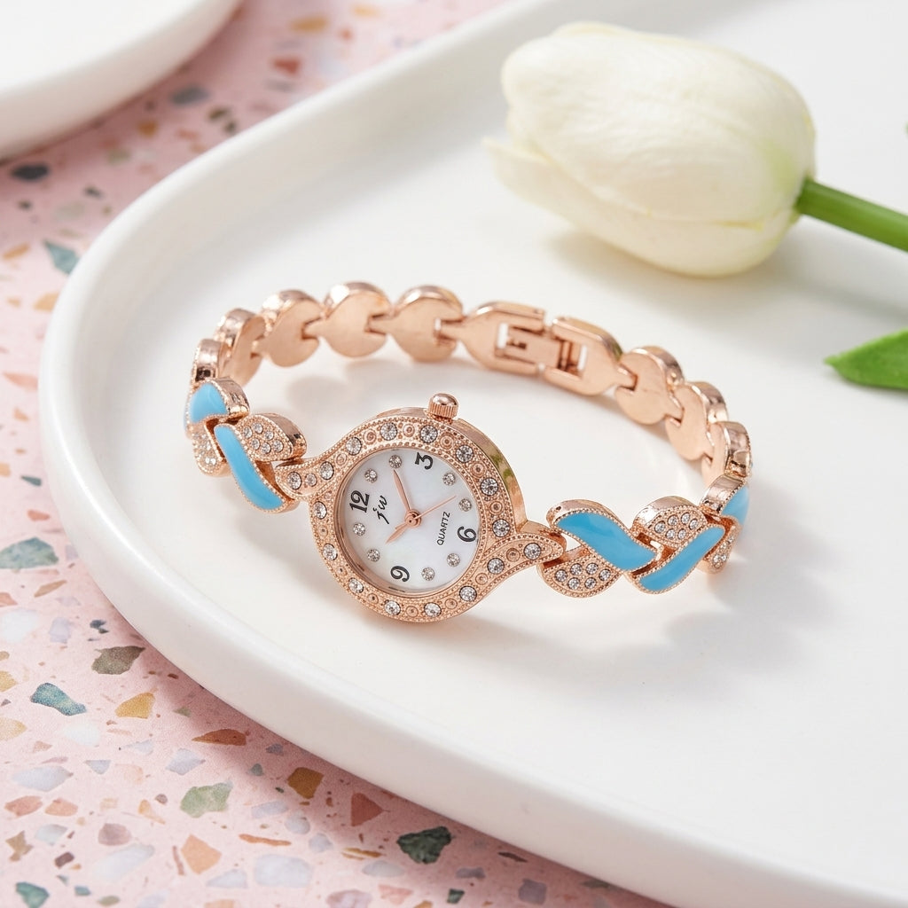 Montre Bracelet Femme Feuilles Émaillées – émail bleu ciel turquoise
