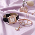 Set Montre Carrée Femme, Bracelet et Collier – cuir noir