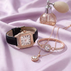 Set Montre Carrée Femme, Bracelet et Collier – cuir noir