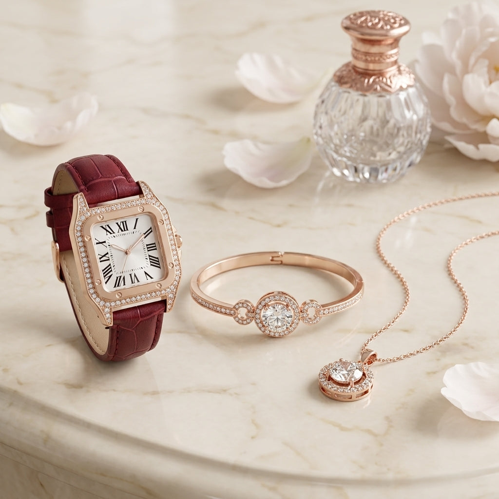 Set Montre Carrée Femme, Bracelet et Collier – cuir rouge bordeaux