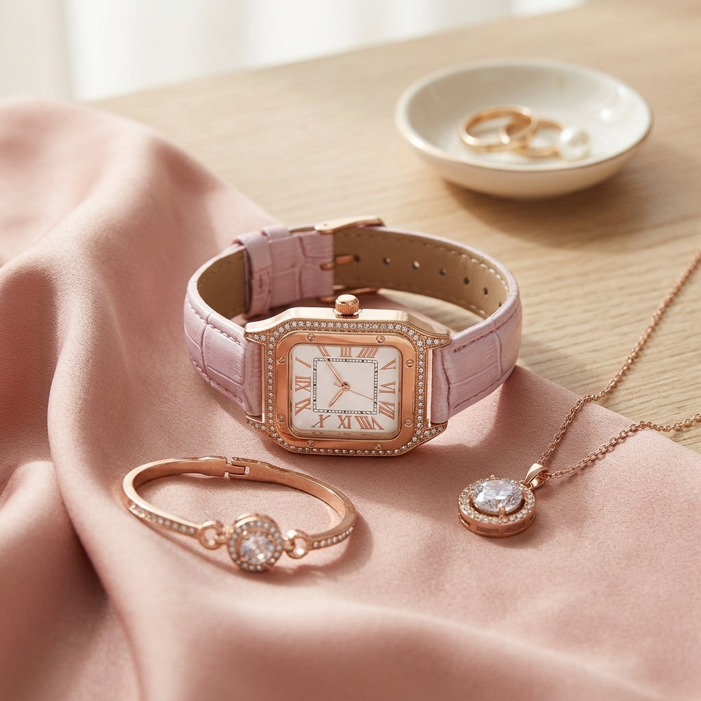 Set Montre Carrée Femme, Bracelet et Collier – cuir rose pâle