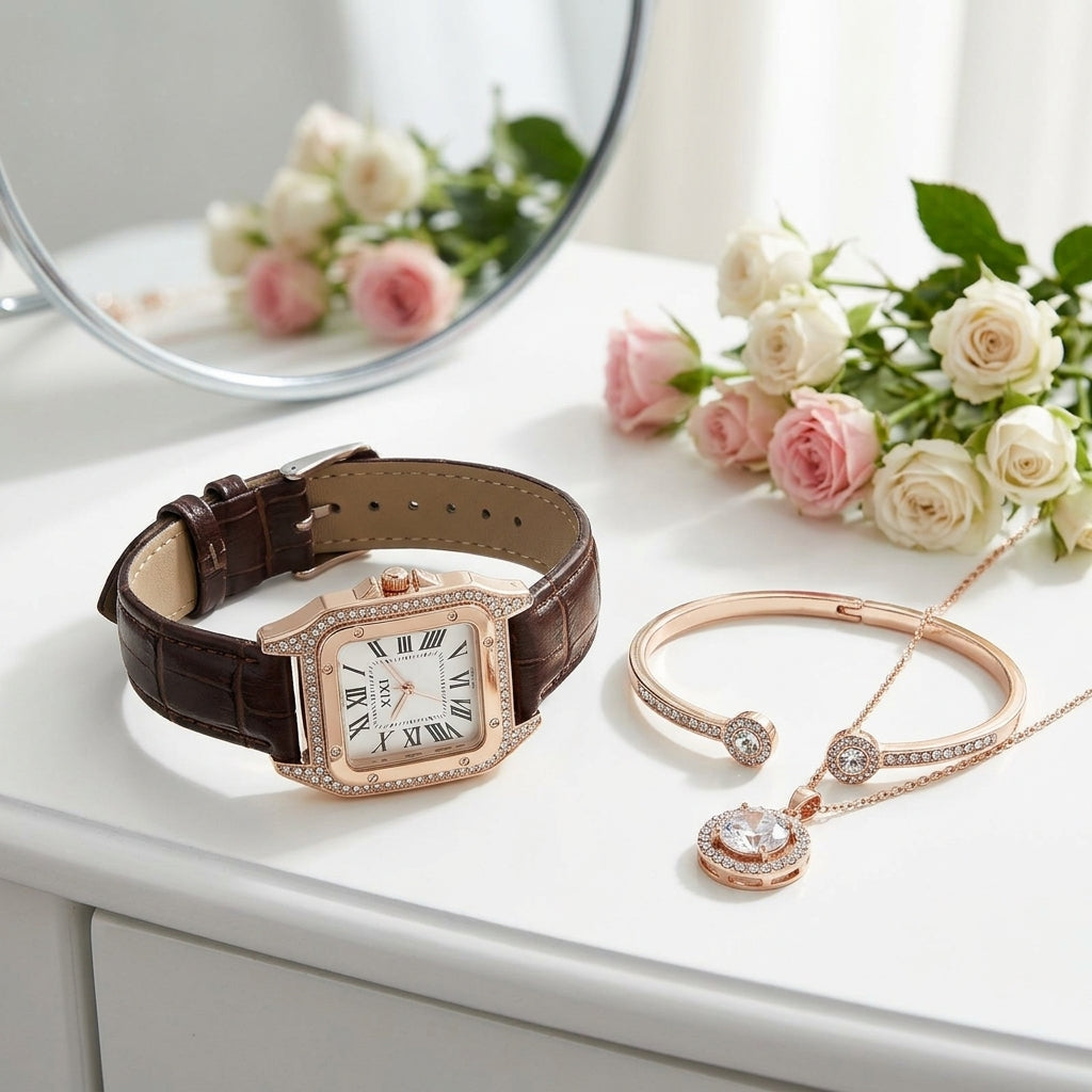 Set Montre Carrée Femme, Bracelet et Collier – cuir marron foncé