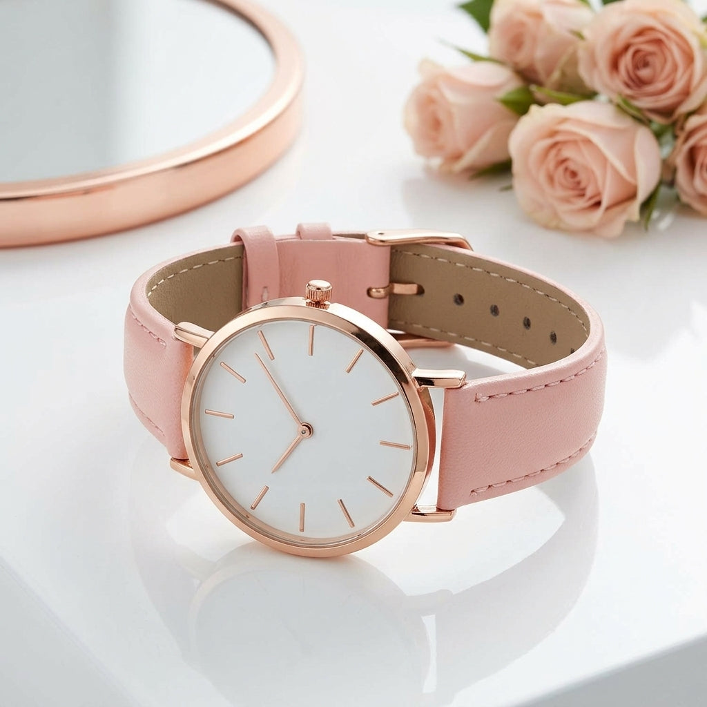 Montre Femme Minimaliste Cadran Blanc Cuir – bracelet rose poudré