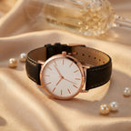 Montre Femme Minimaliste Cadran Blanc Cuir – bracelet noir