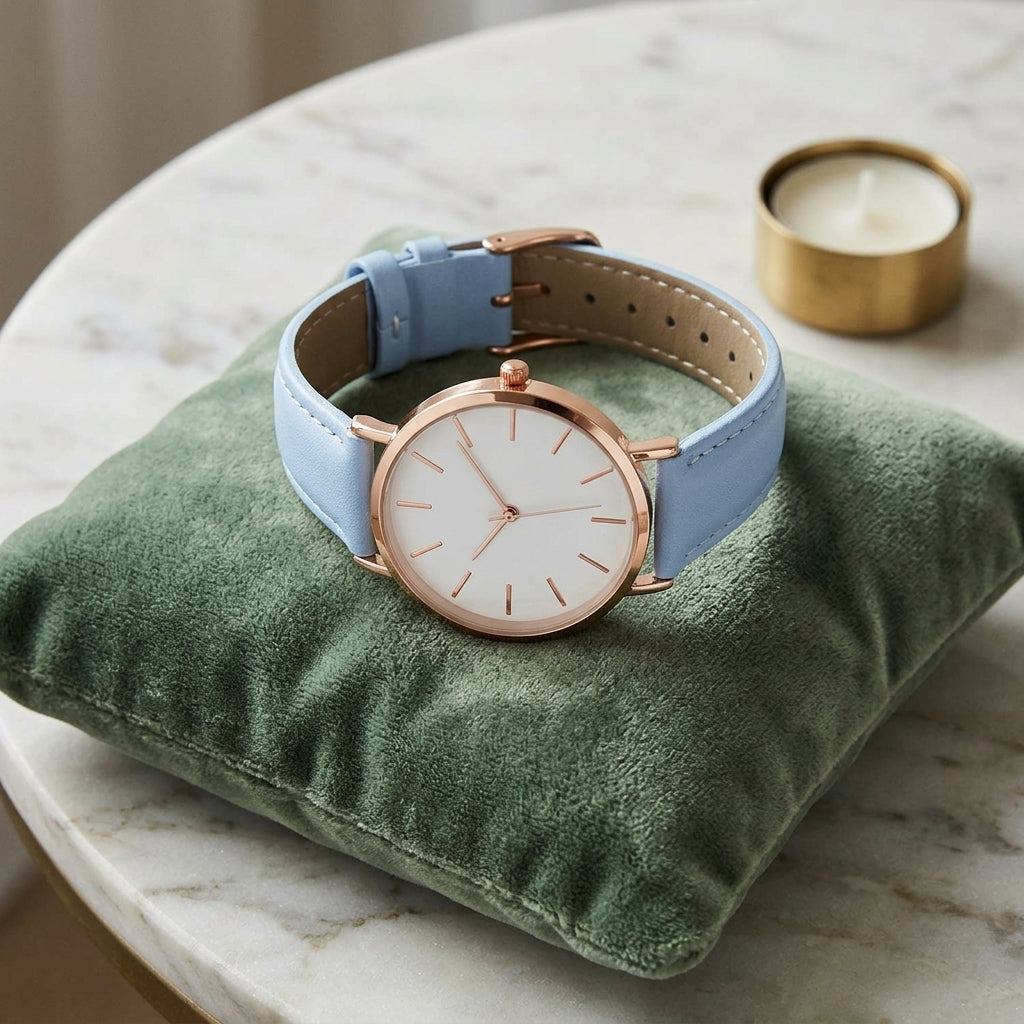 Montre Femme Minimaliste Cadran Blanc Cuir – bracelet bleu ciel