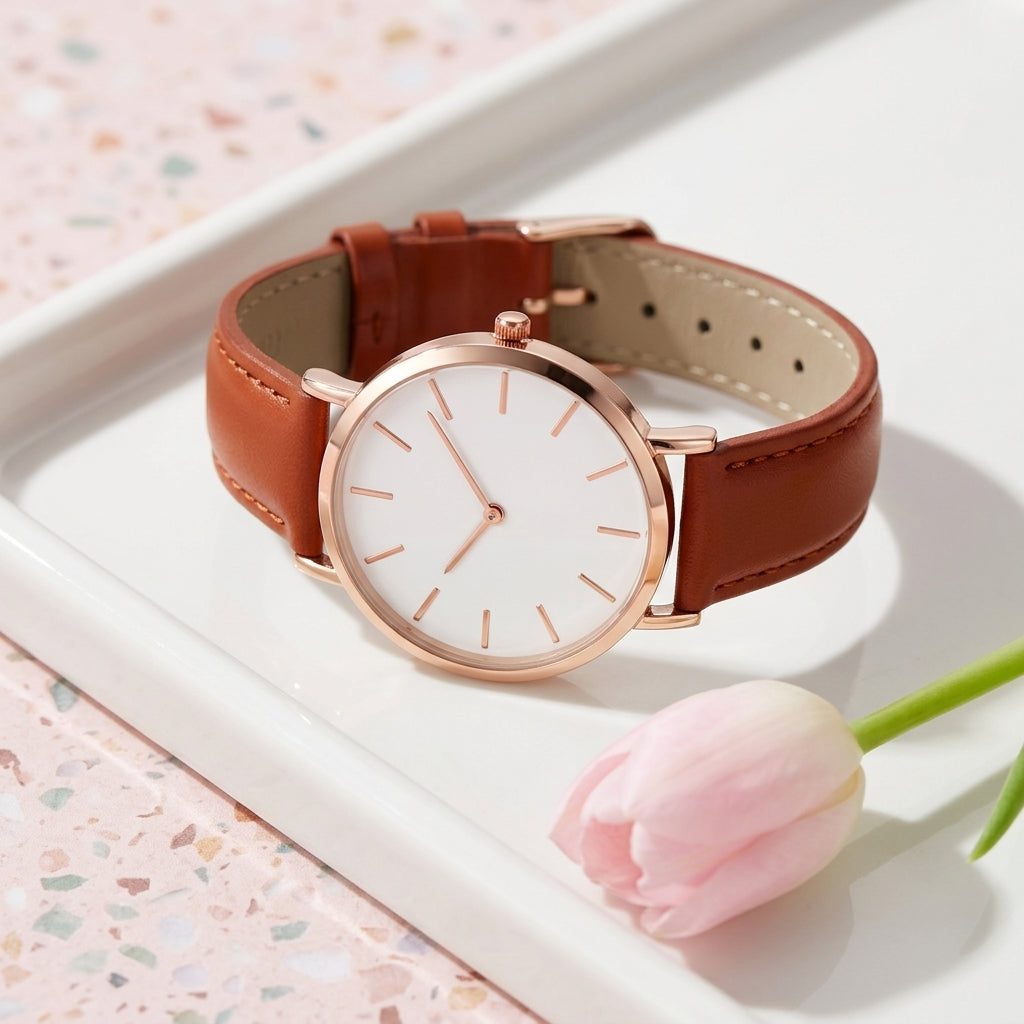 Montre Femme Minimaliste Cadran Blanc Cuir – bracelet brun rouille