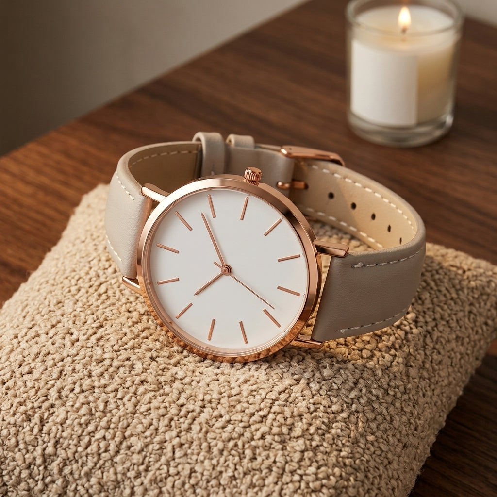 Montre Femme Minimaliste Cadran Blanc Cuir – bracelet gris taupe clair