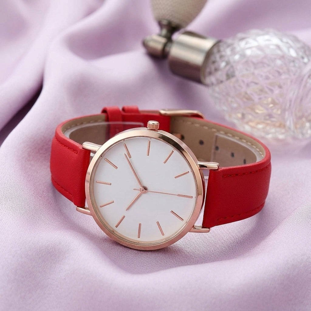 Montre Femme Minimaliste Cadran Blanc Cuir – bracelet rouge vif