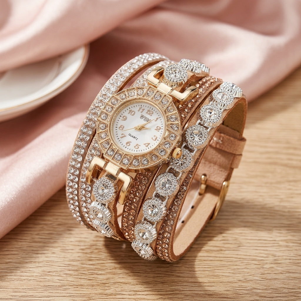 Montre Bracelet Femme Multi-Tours Strass – lanières beige rosé
