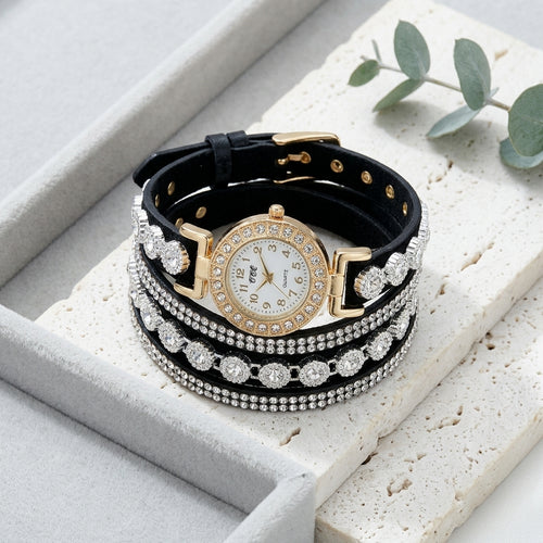 Montre Bracelet Femme Multi-Tours Strass – lanières noires