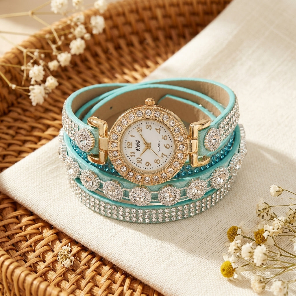 Montre Bracelet Femme Multi-Tours Strass – lanières turquoise clair