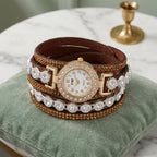 Montre Bracelet Femme Multi-Tours Strass – lanières marron chocolat et strass ambrés