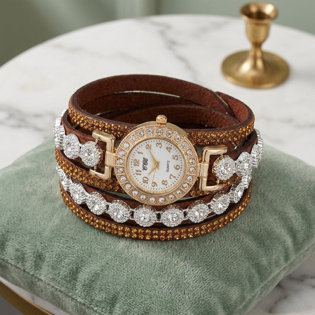 Montre Bracelet Femme Multi-Tours Strass – lanières marron chocolat et strass ambrés