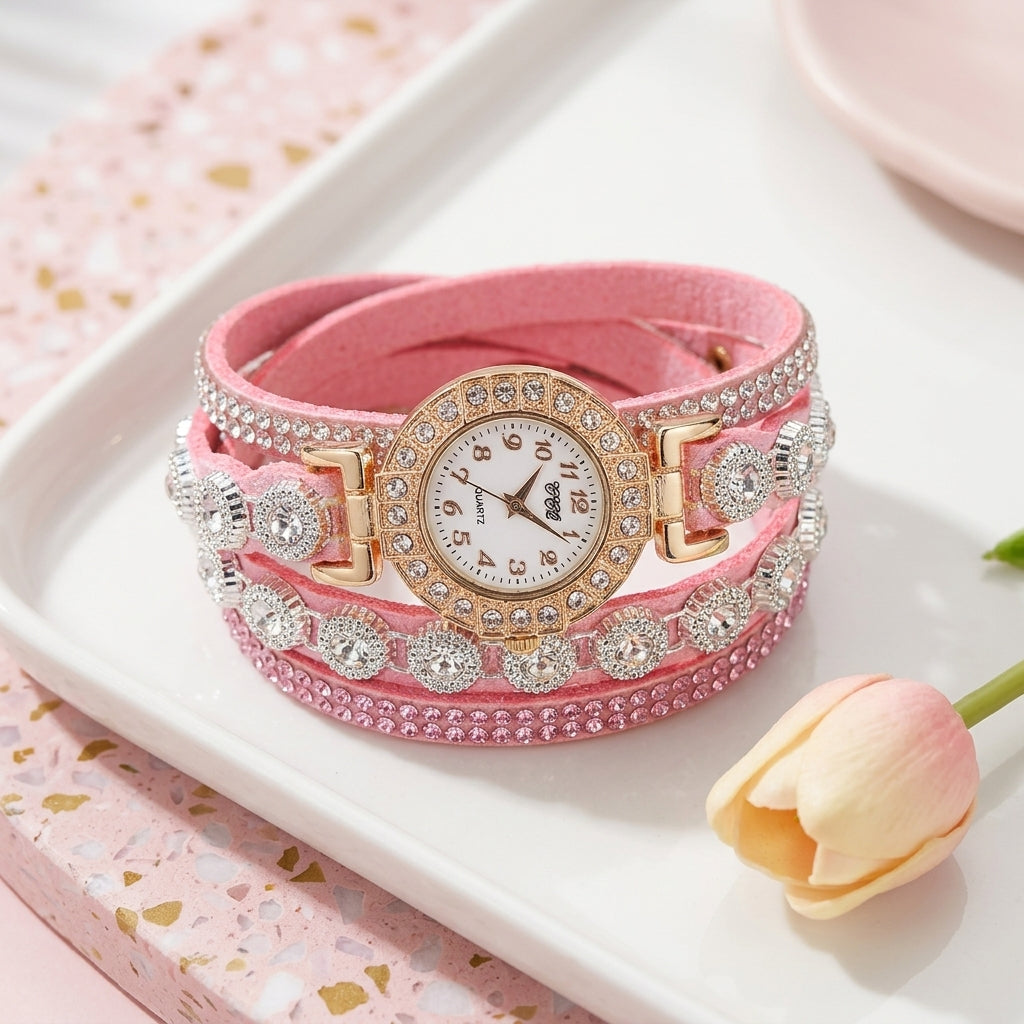 Montre Bracelet Femme Multi-Tours Strass – lanières rose