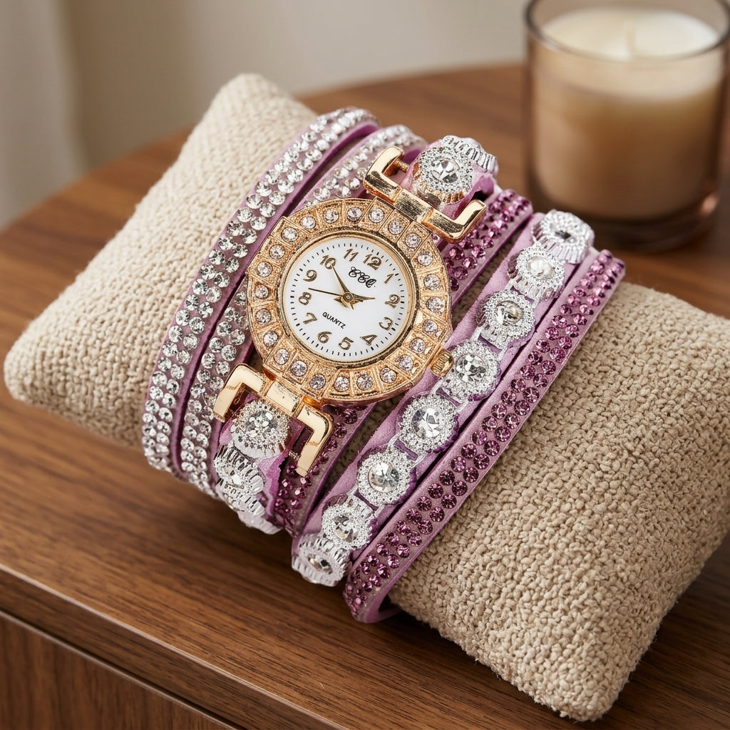 Montre Bracelet Femme Multi-Tours Strass – lanières lilas / rose mauve