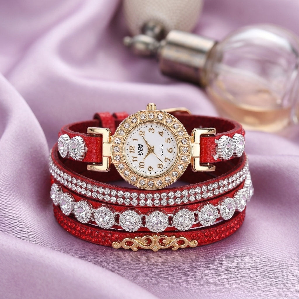 Montre Bracelet Femme Multi-Tours Strass – lanières rouges