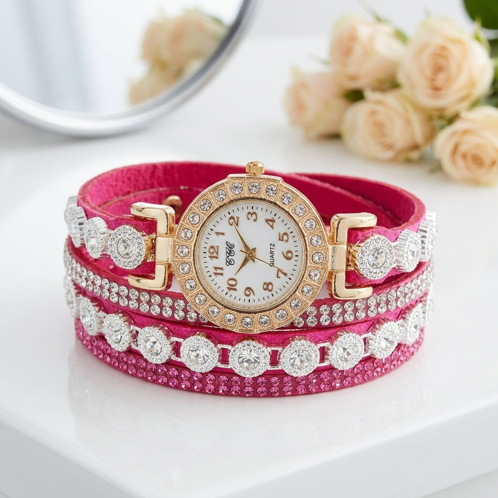 Montre Bracelet Femme Multi-Tours Strass – lanières fuchsia