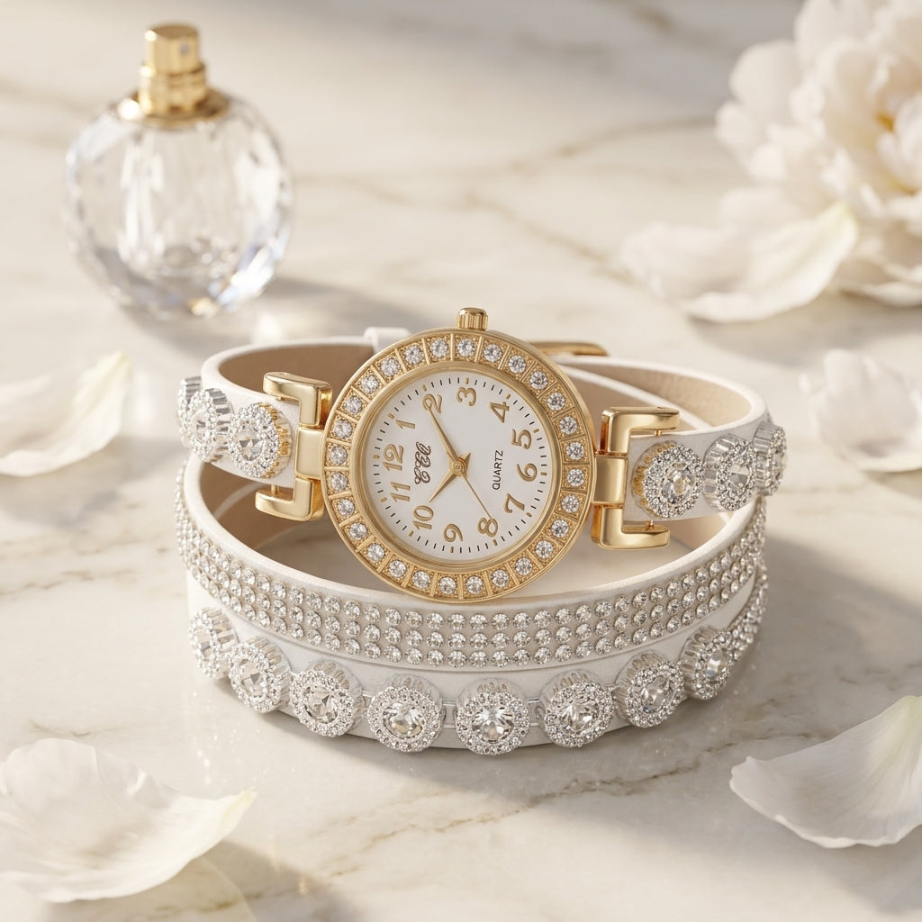 Montre Bracelet Femme Multi-Tours Strass – lanières blanches