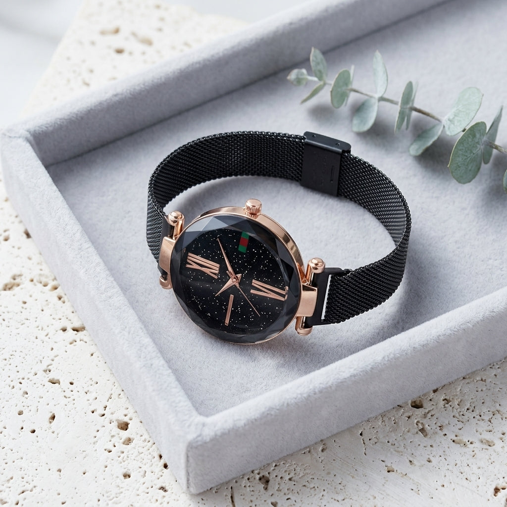 Montre Femme Ciel Étoilé Maille Aimantée – noir