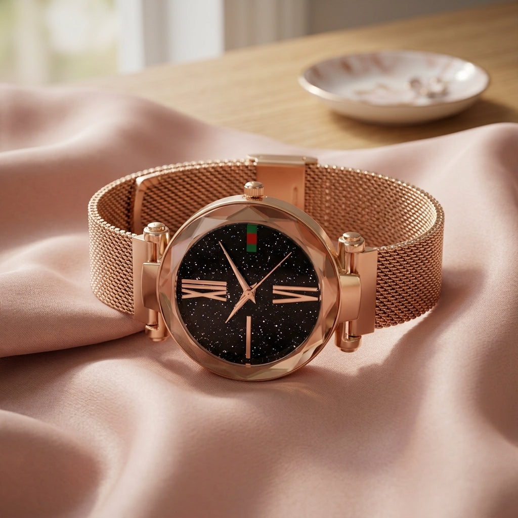 Montre Femme Ciel Étoilé Maille Aimantée – or rose champagne