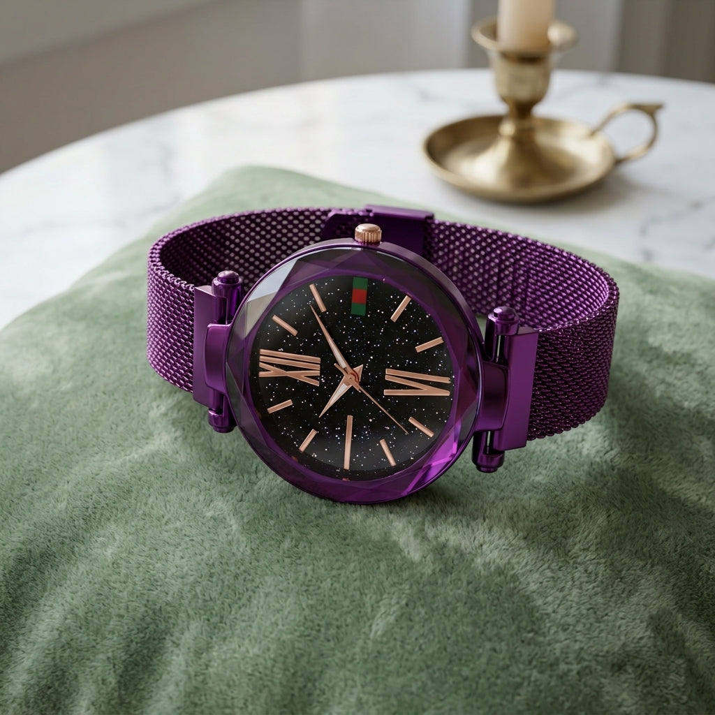 Montre Femme Ciel Étoilé Maille Aimantée – violet métallisé