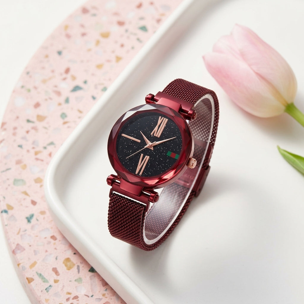 Montre Femme Ciel Étoilé Maille Aimantée – rouge bordeaux métallisé