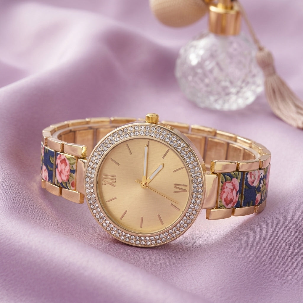 Montre Femme Dorée Maillons Fleuris Strass – doré, maillons imprimés roses sur fond marine