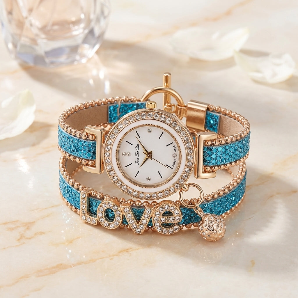 Montre Femme Double Tour LOVE Strass – lanière pailletée bleu turquoise