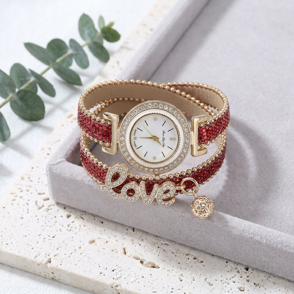 Montre Femme Double Tour LOVE Strass – lanière pailletée rouge