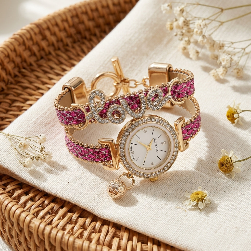 Montre Femme Double Tour LOVE Strass – lanière pailletée fuchsia