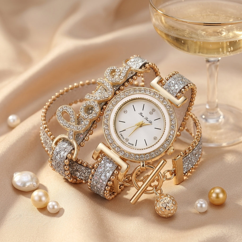Montre Femme Double Tour LOVE Strass – lanière pailletée argent