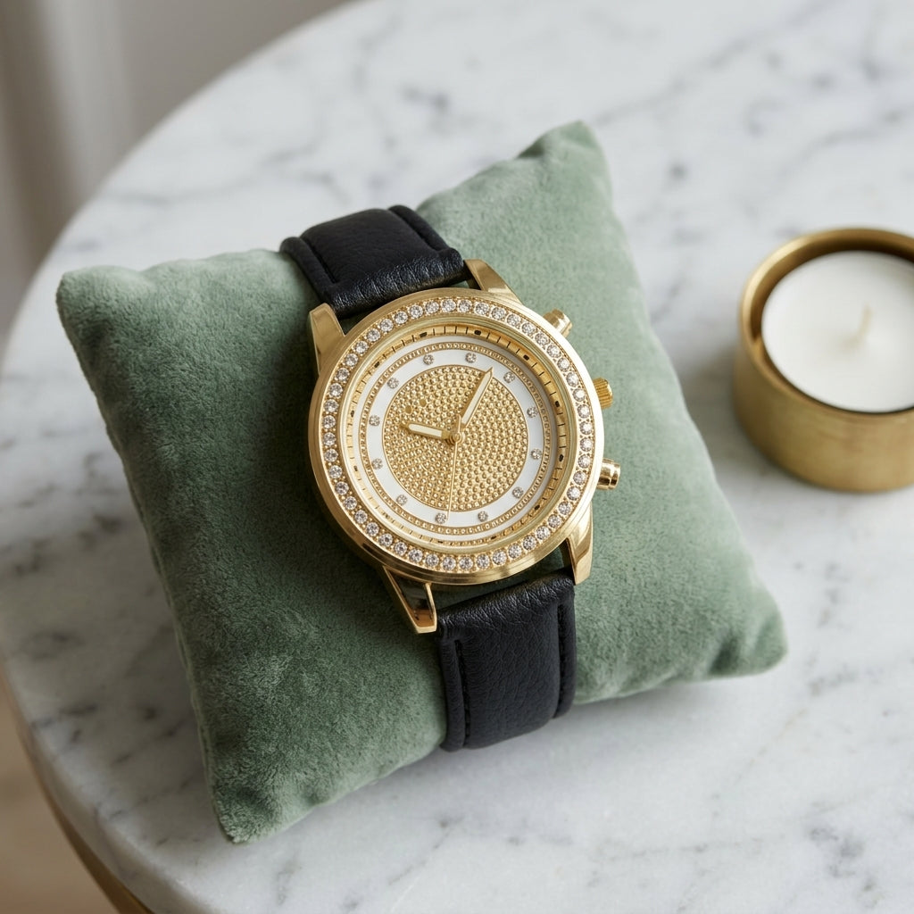 Montre femme strass double lunette, bracelet cuir noir