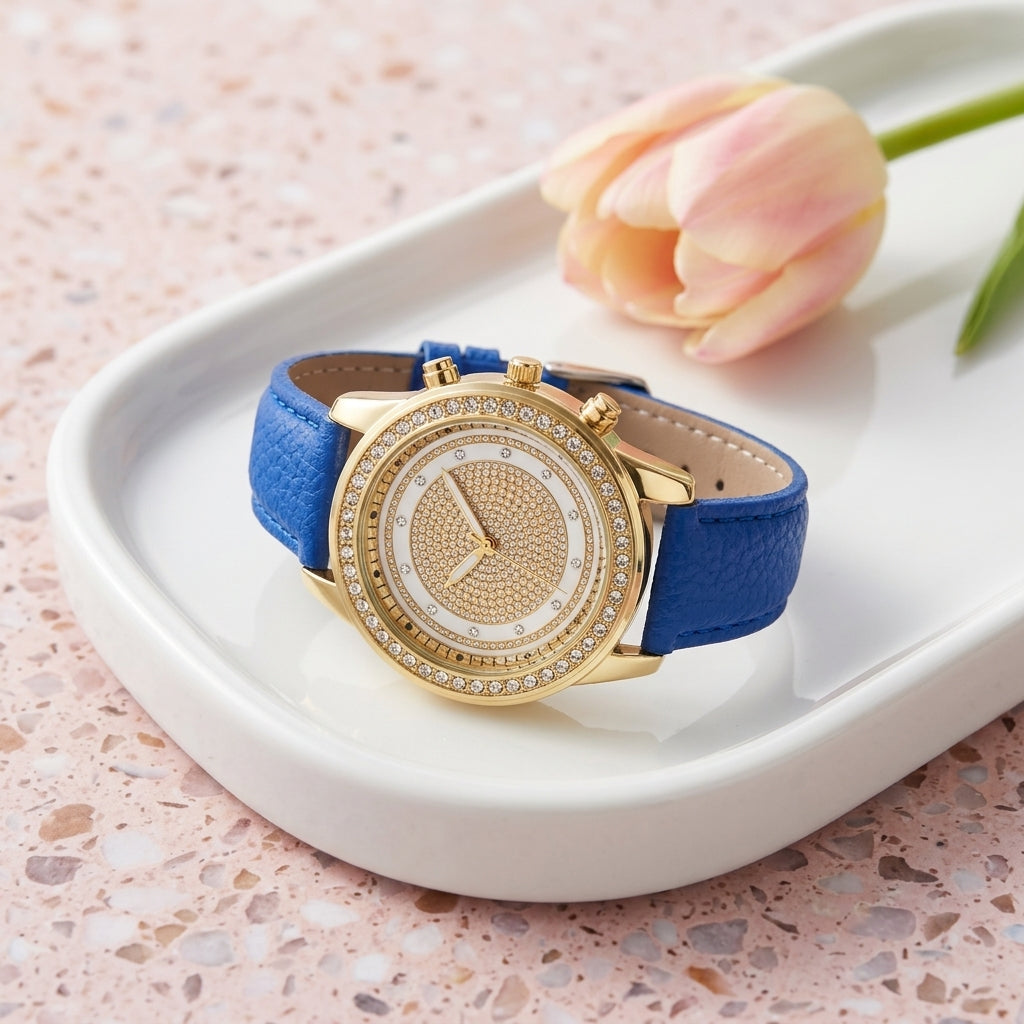 Montre femme strass double lunette, bracelet cuir bleu