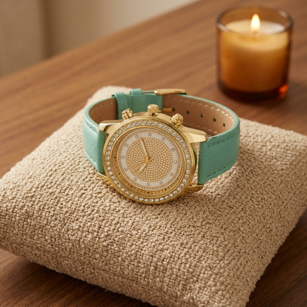 Montre femme strass double lunette, bracelet cuir vert menthe