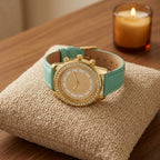 Montre femme strass double lunette, bracelet cuir vert menthe