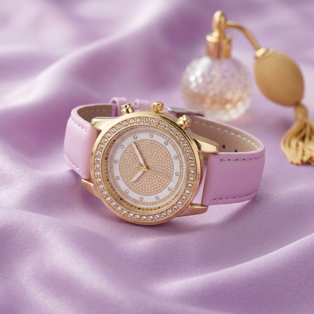 Montre femme strass double lunette, bracelet cuir rose