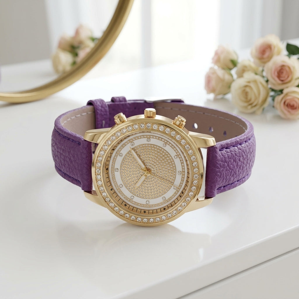 Montre femme strass double lunette, bracelet cuir violet