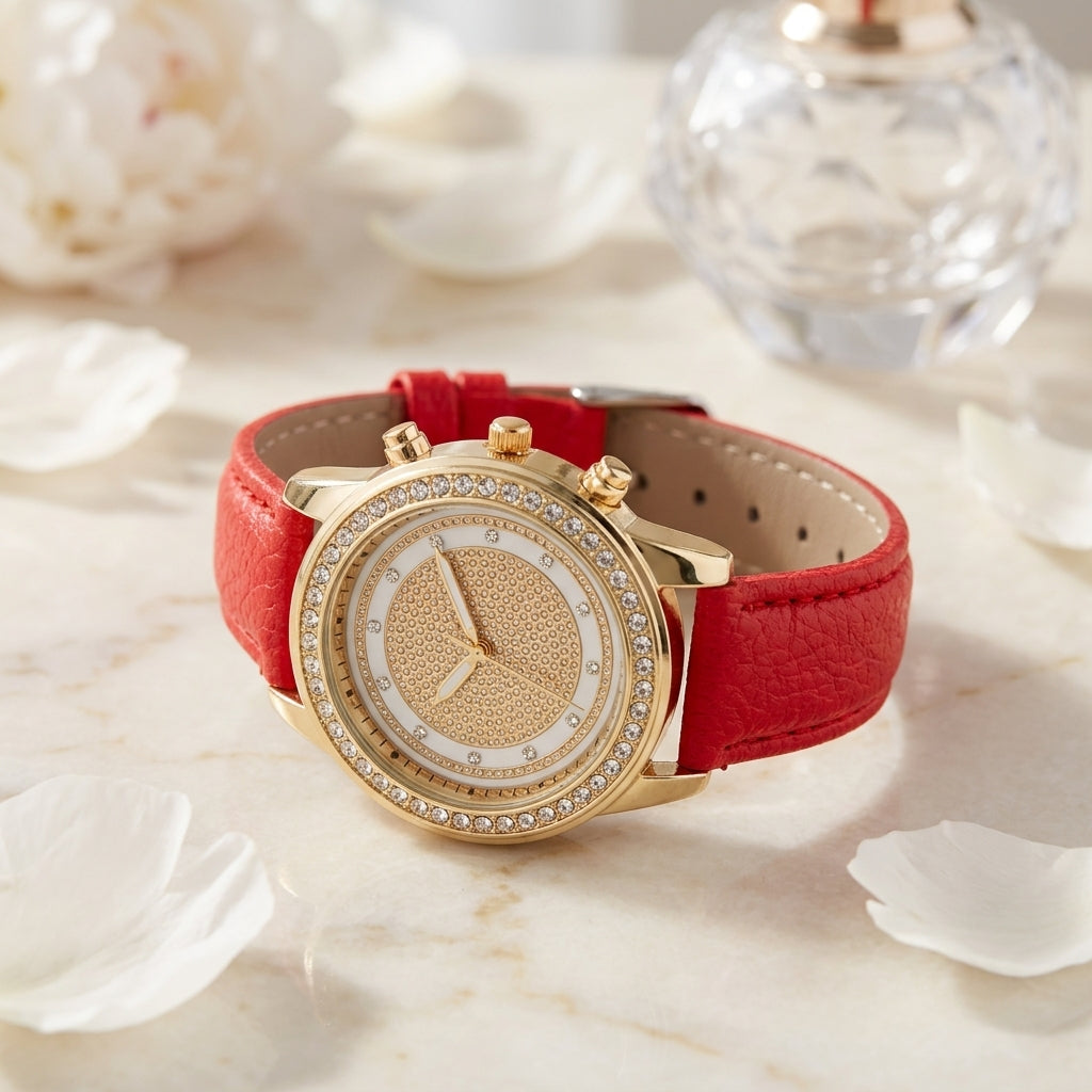 Montre femme strass double lunette, bracelet cuir rouge