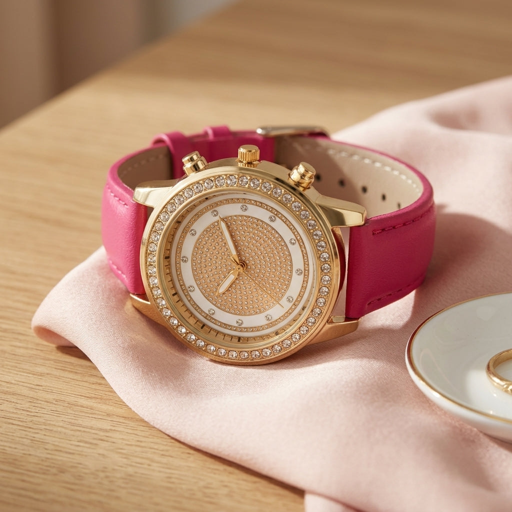 Montre femme strass double lunette, bracelet cuir fuchsia
