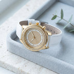Montre femme strass double lunette, bracelet cuir blanc